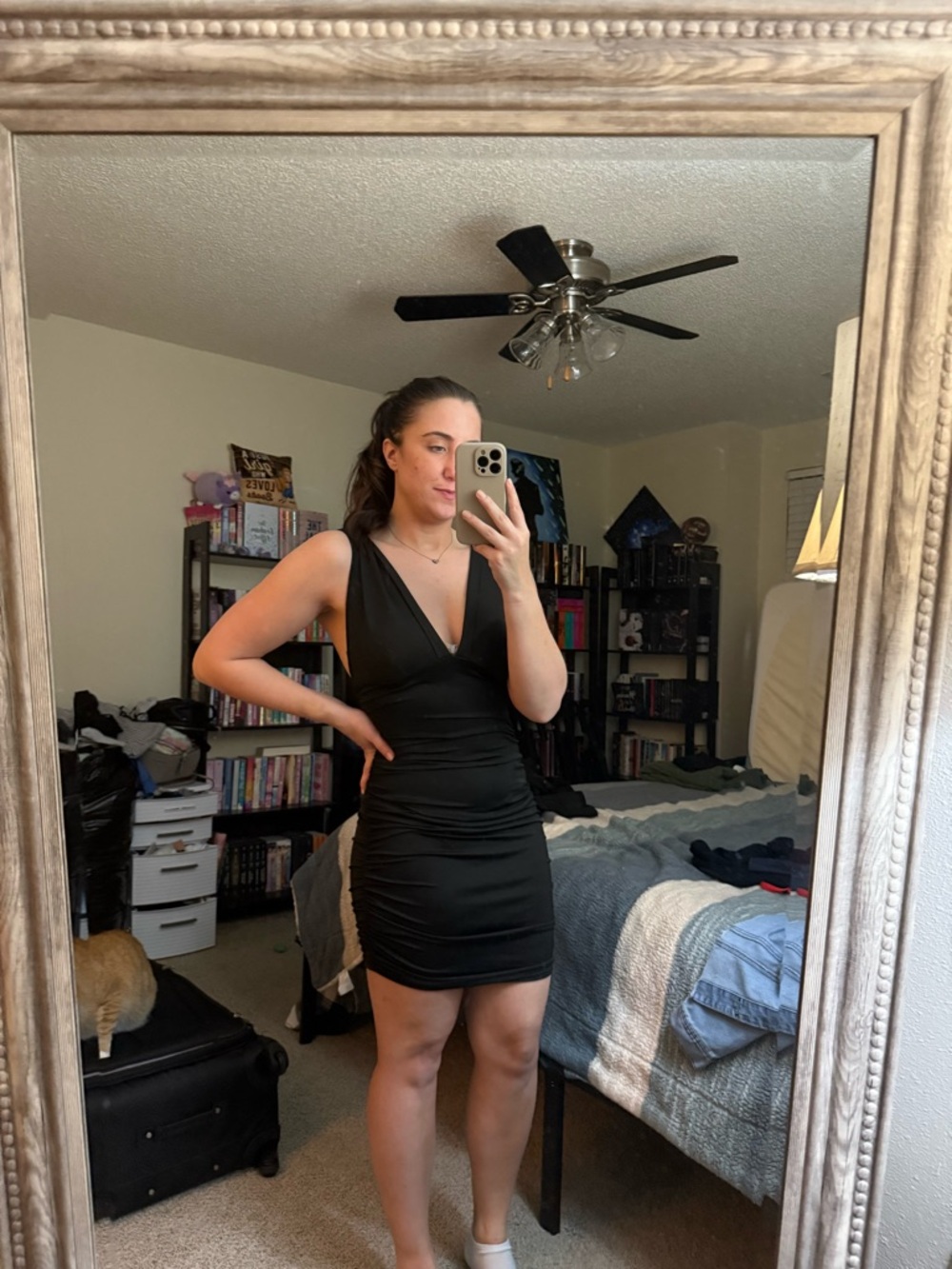 SHEIN Black Sleeveless V-Neck Ruched Mini Dress